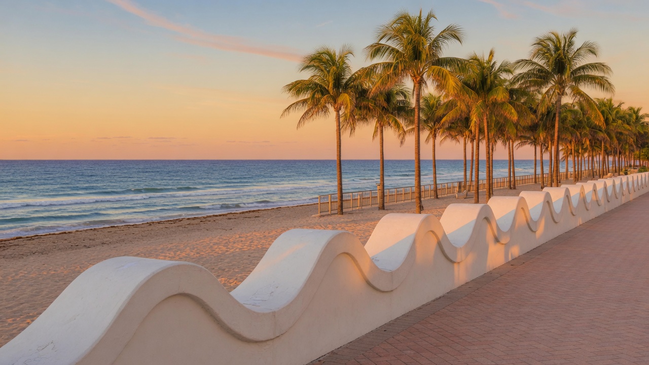 The Fort Lauderdale beachfront promenade, palm trees and loungers beside the Atlantic