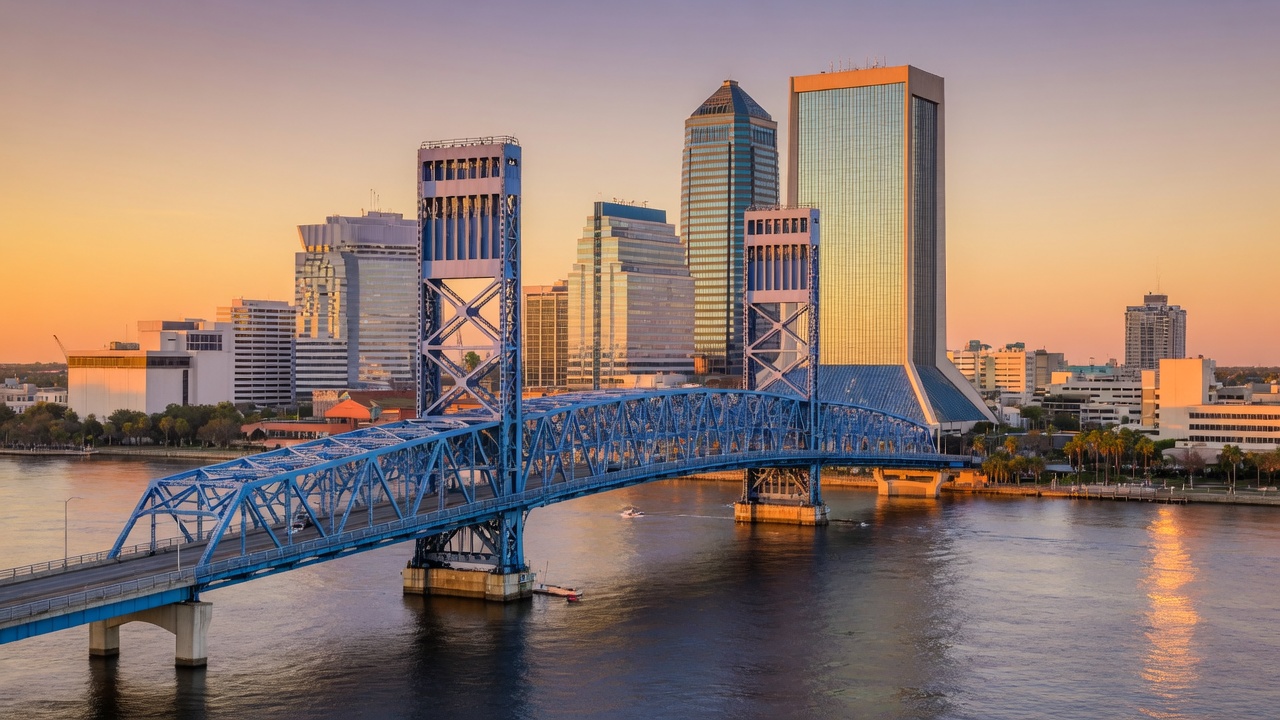 The blue steel Main Street Bridge over the St. Johns River with the Jacksonville skyline behind it