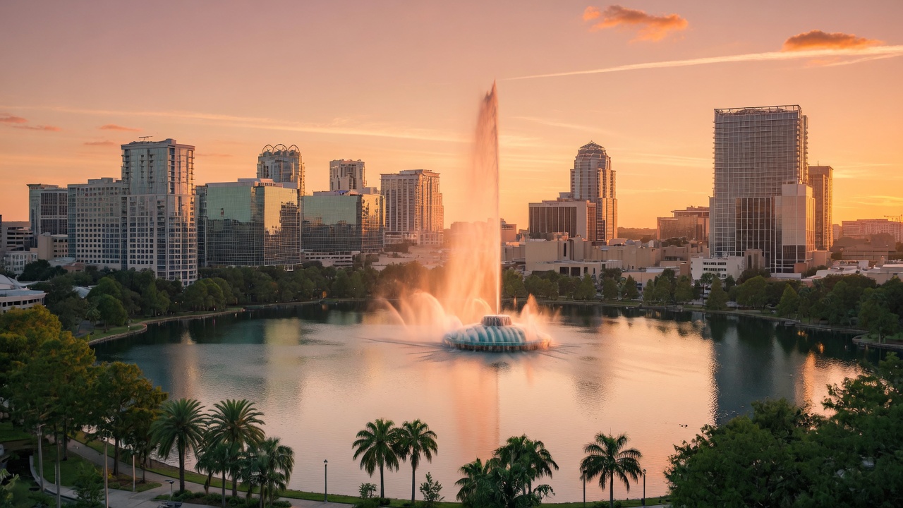 The fountain at Lake Eola with the downtown Orlando skyline behind it