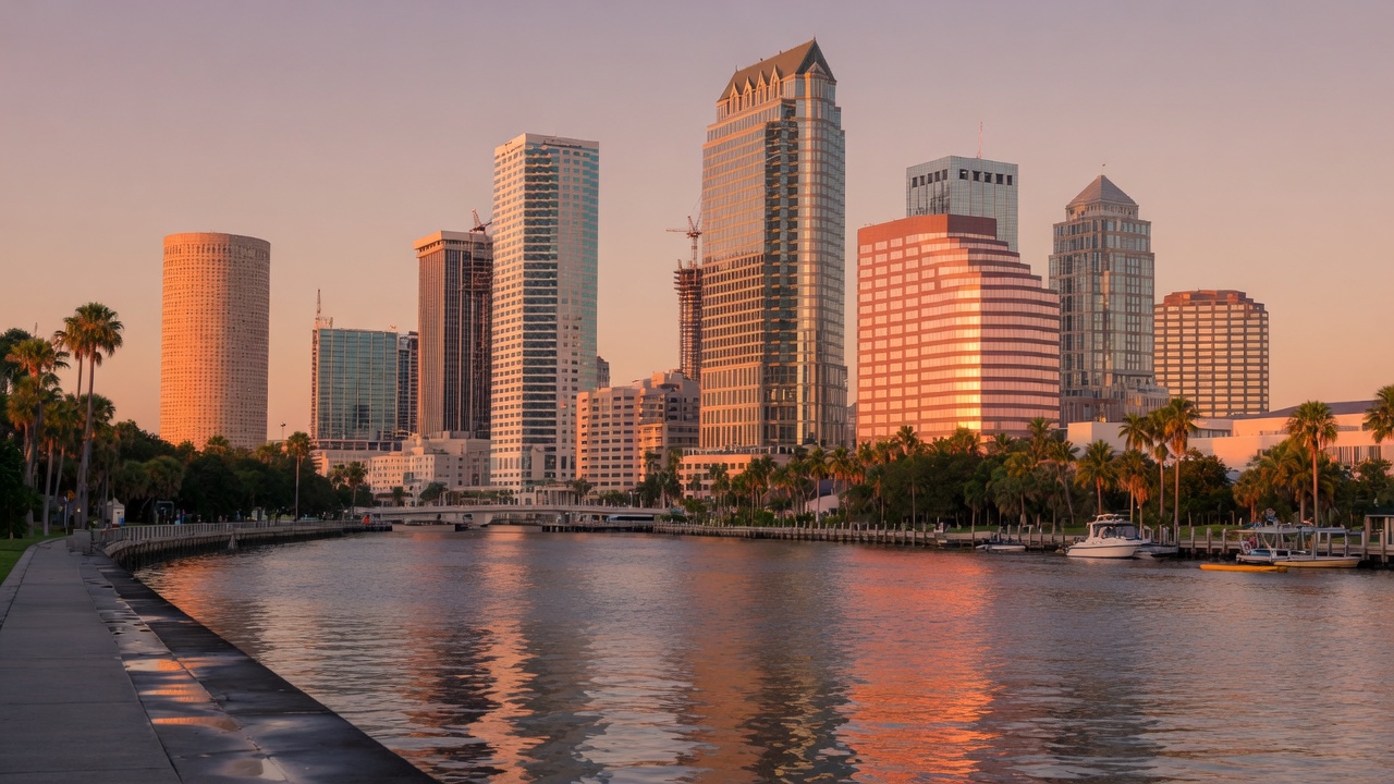 The downtown Tampa skyline across the water at sunset