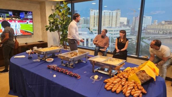 Indoor buffet catering with chafing dishes at an office event