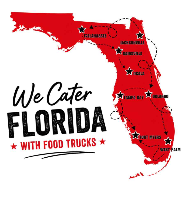 We Cater Florida with food trucks map of Tallahassee, Jacksonville, Gainesville, Ocala, Orlando, Tampa Bay, Fort Myers and West Palm